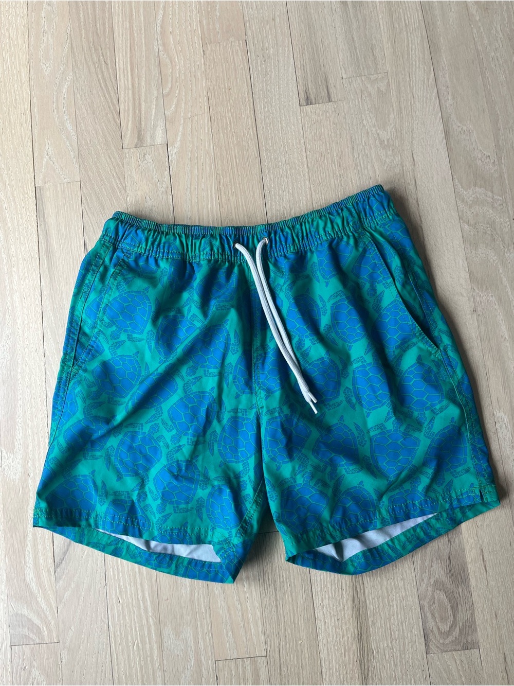 J. Crew Blue & Green Turtle-Print Swim Trunks